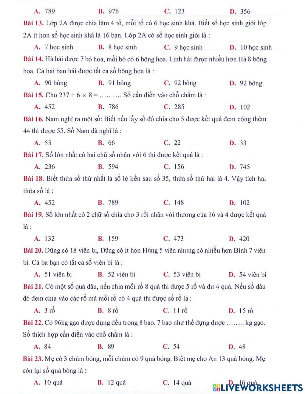Toán 3 lên 4 - Dạng 8: Các bài nâng cao
