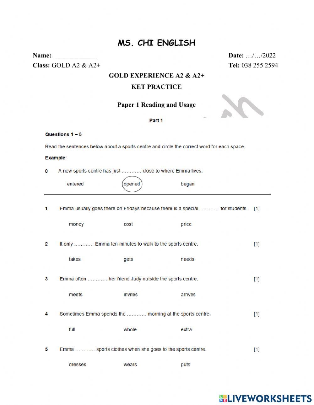 16.05.22- Gold A2A2+- KET Practice