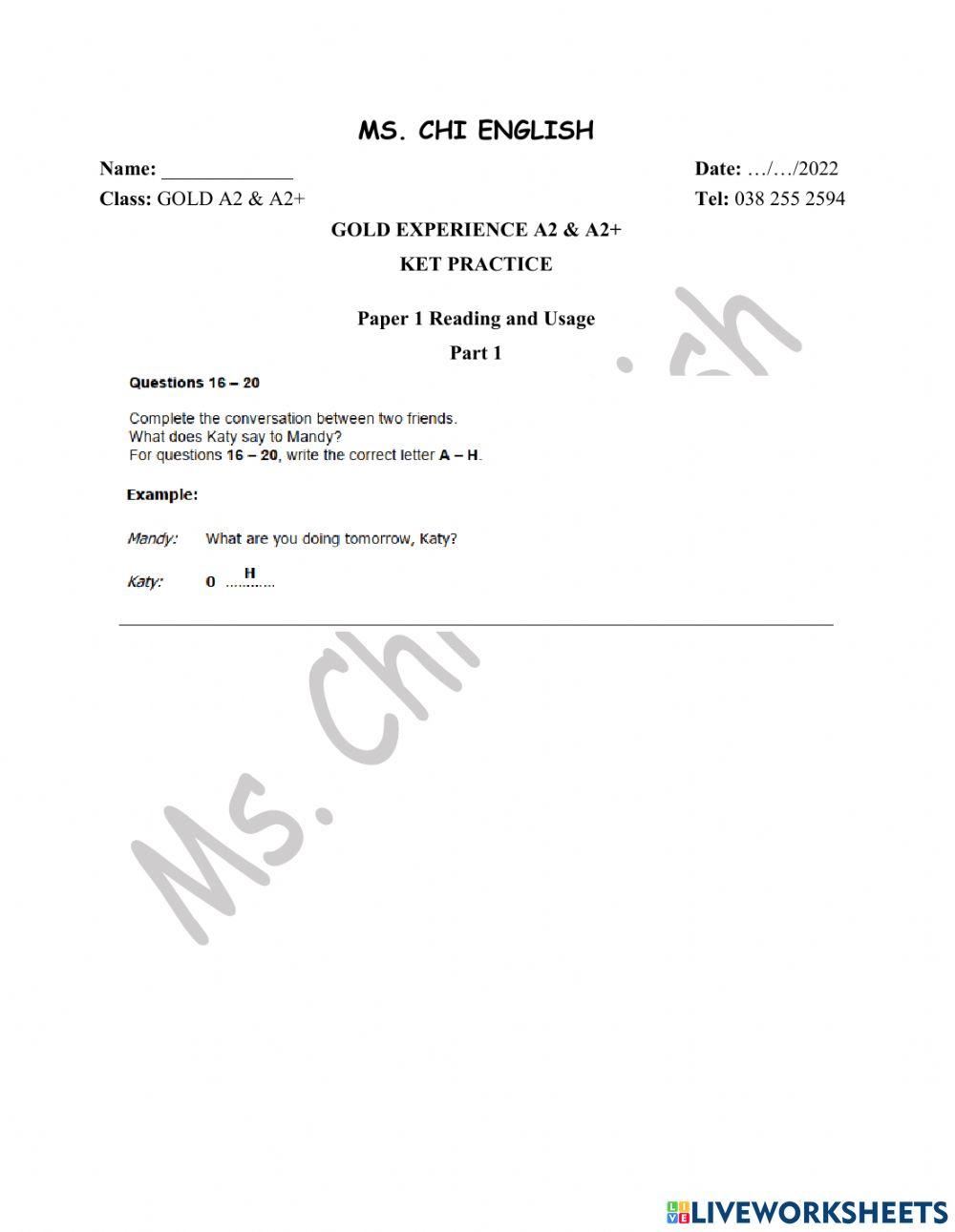 18.05.22 - Gold A2, A2+- KET Practice