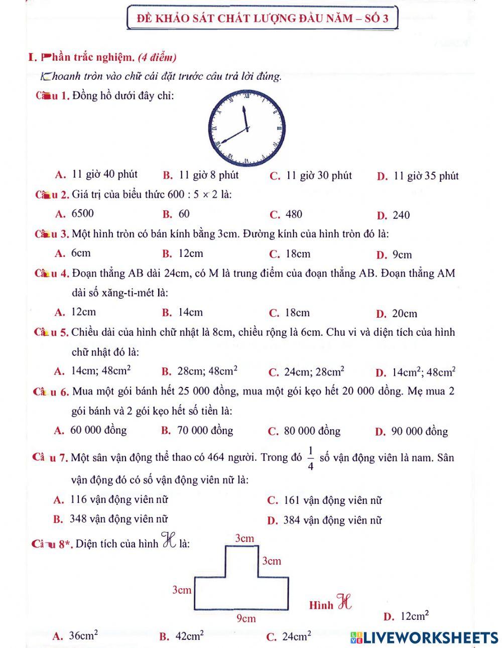 Toán 3 lên 4: Đề khảo sát chất lượng đầu năm số 3