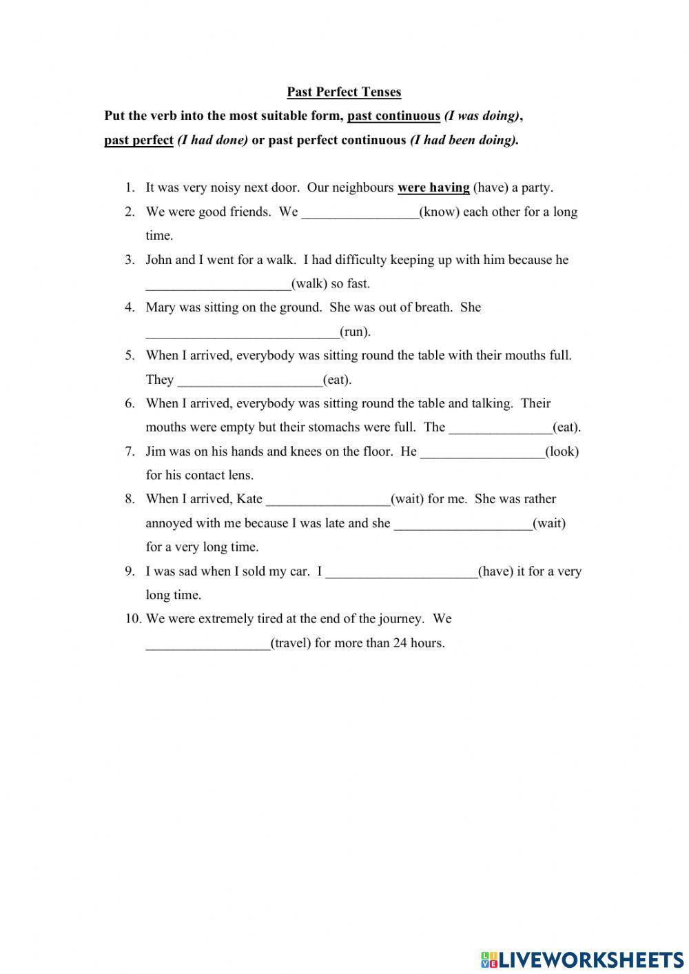 Past perfect simple vs continuous interactive worksheet | Live Worksheets
