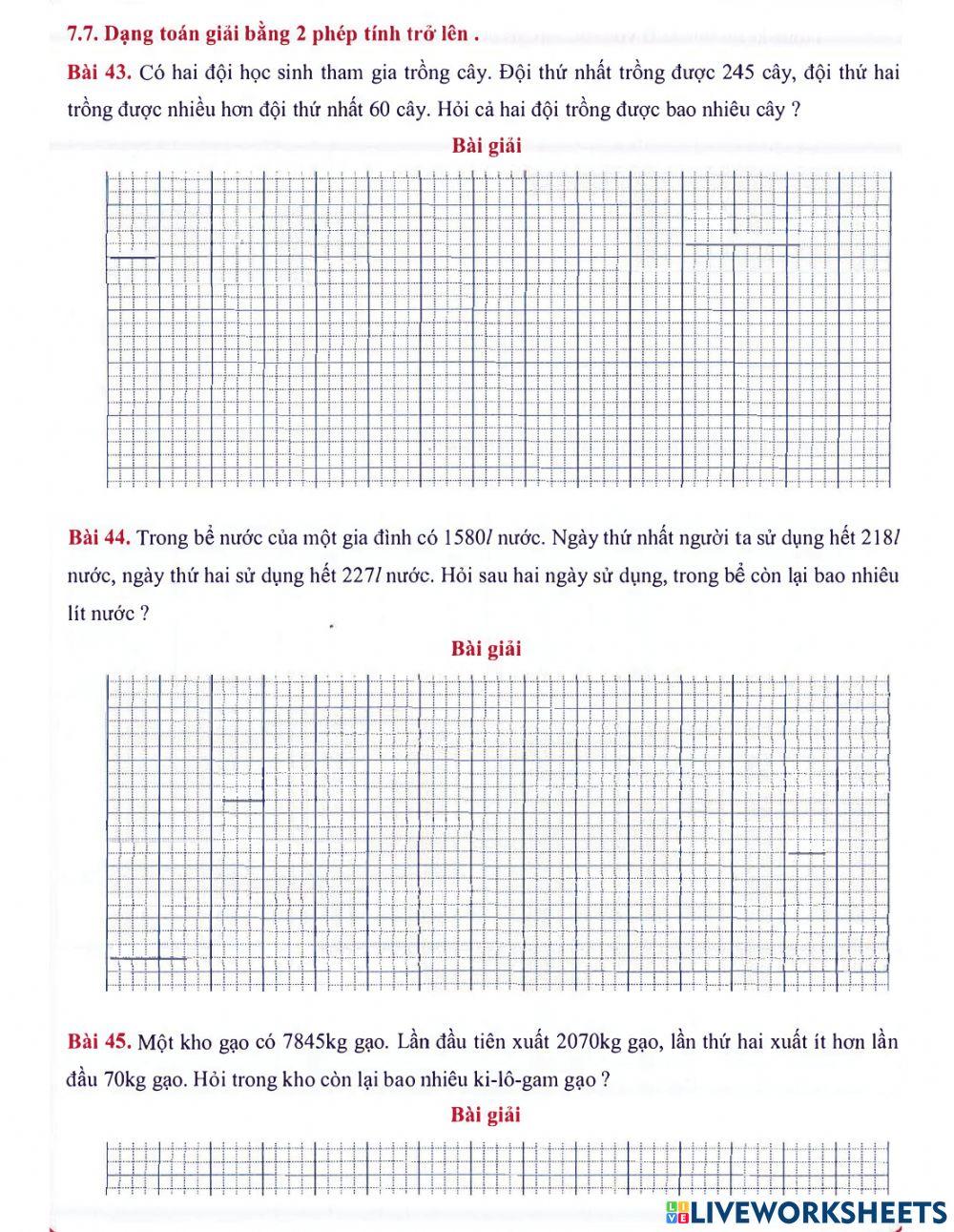 Toán 3 lên 4 - Dạng 7.7: Giải toán bằng 02 phép tính trở lên