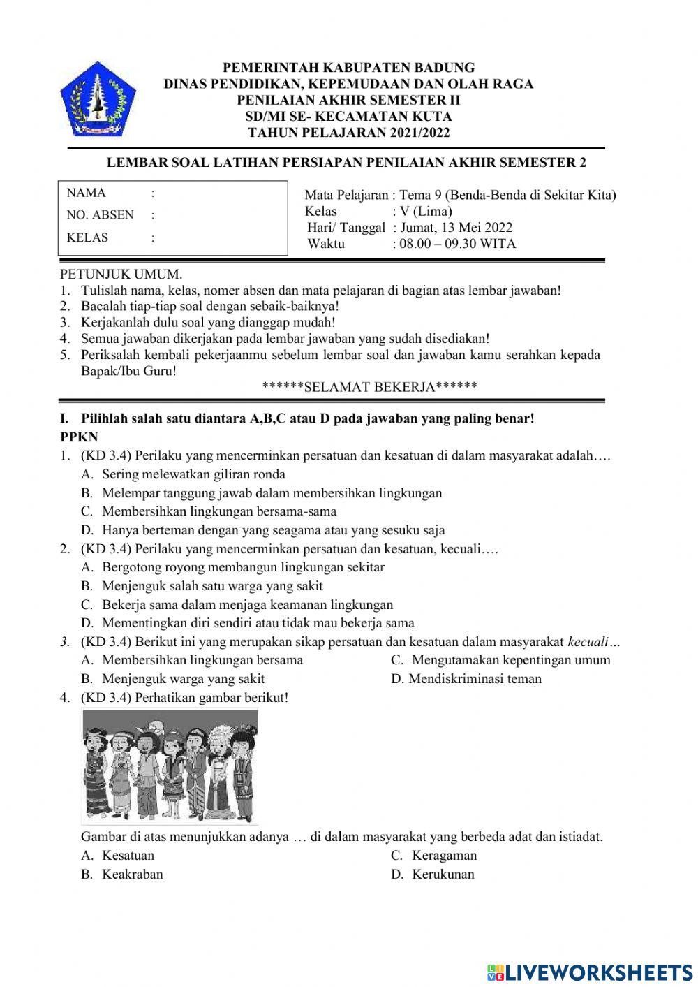 Latihan soal persiapan pas tema 9