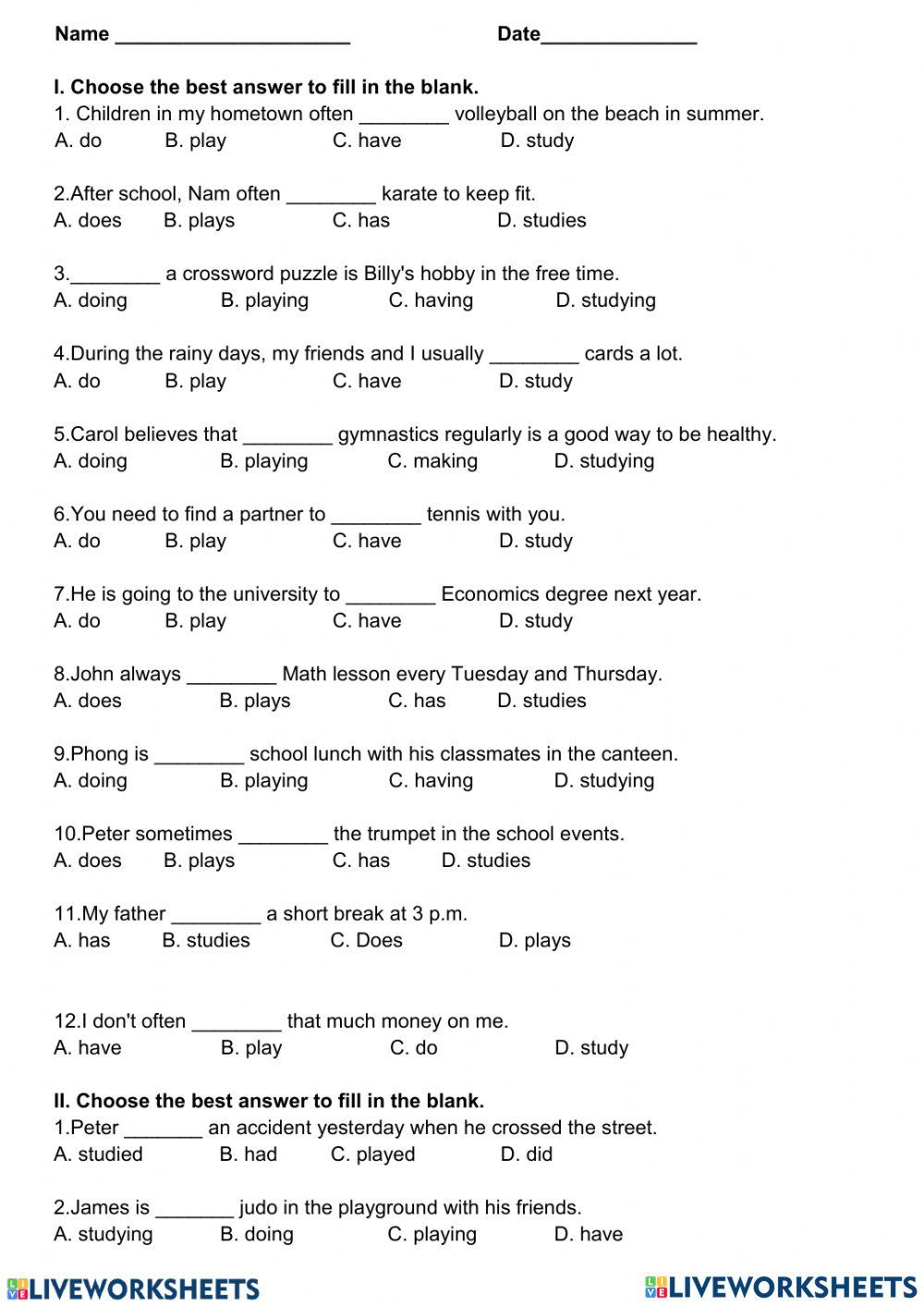 English 6 - Unit 1 Vocabulary play-do-have-study