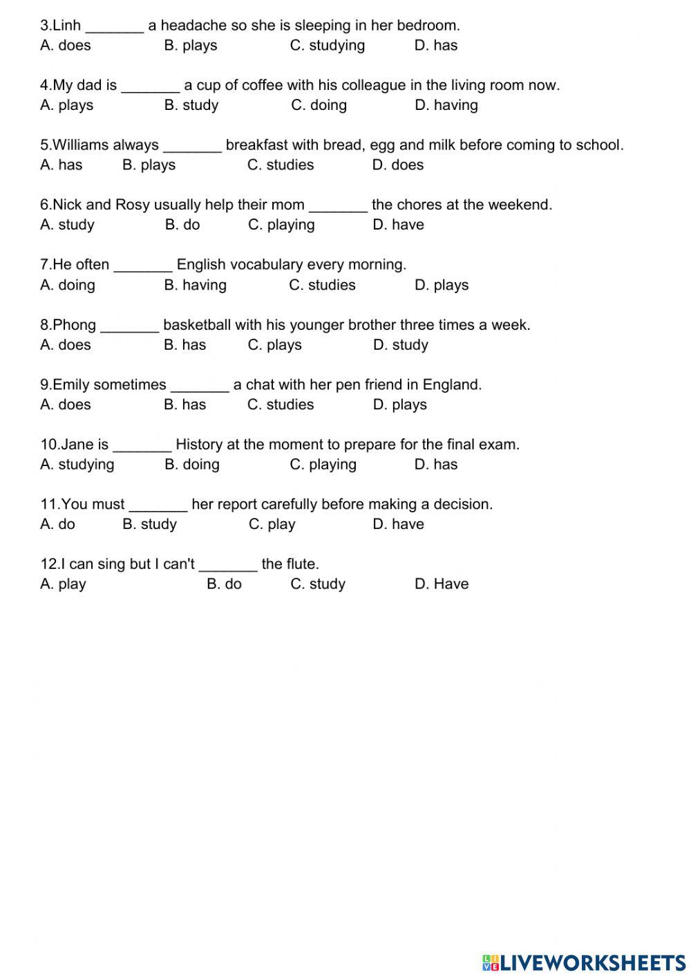 English 6 - Unit 1 Vocabulary play-do-have-study