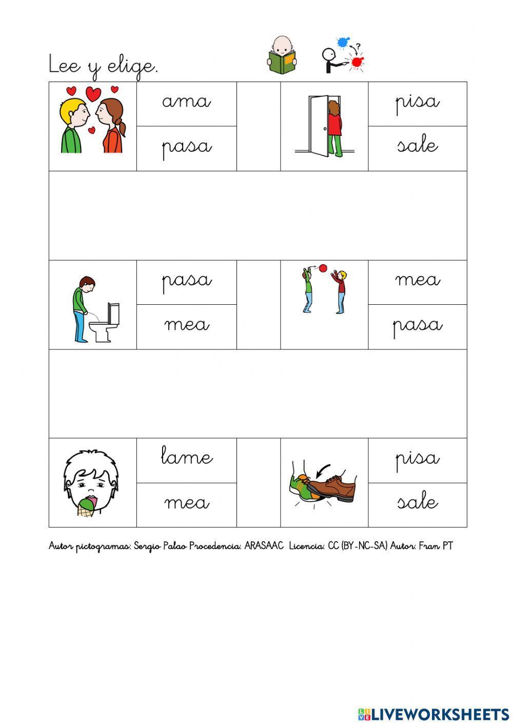 Leer verbos con p, l, s, m.