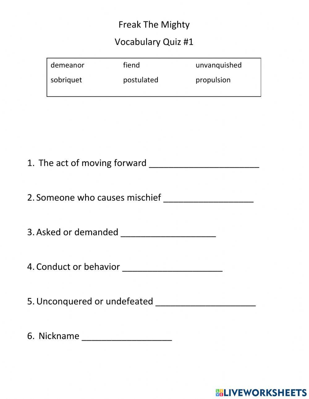 Freak The Mighty Quiz 1 online exercise for Live Worksheets