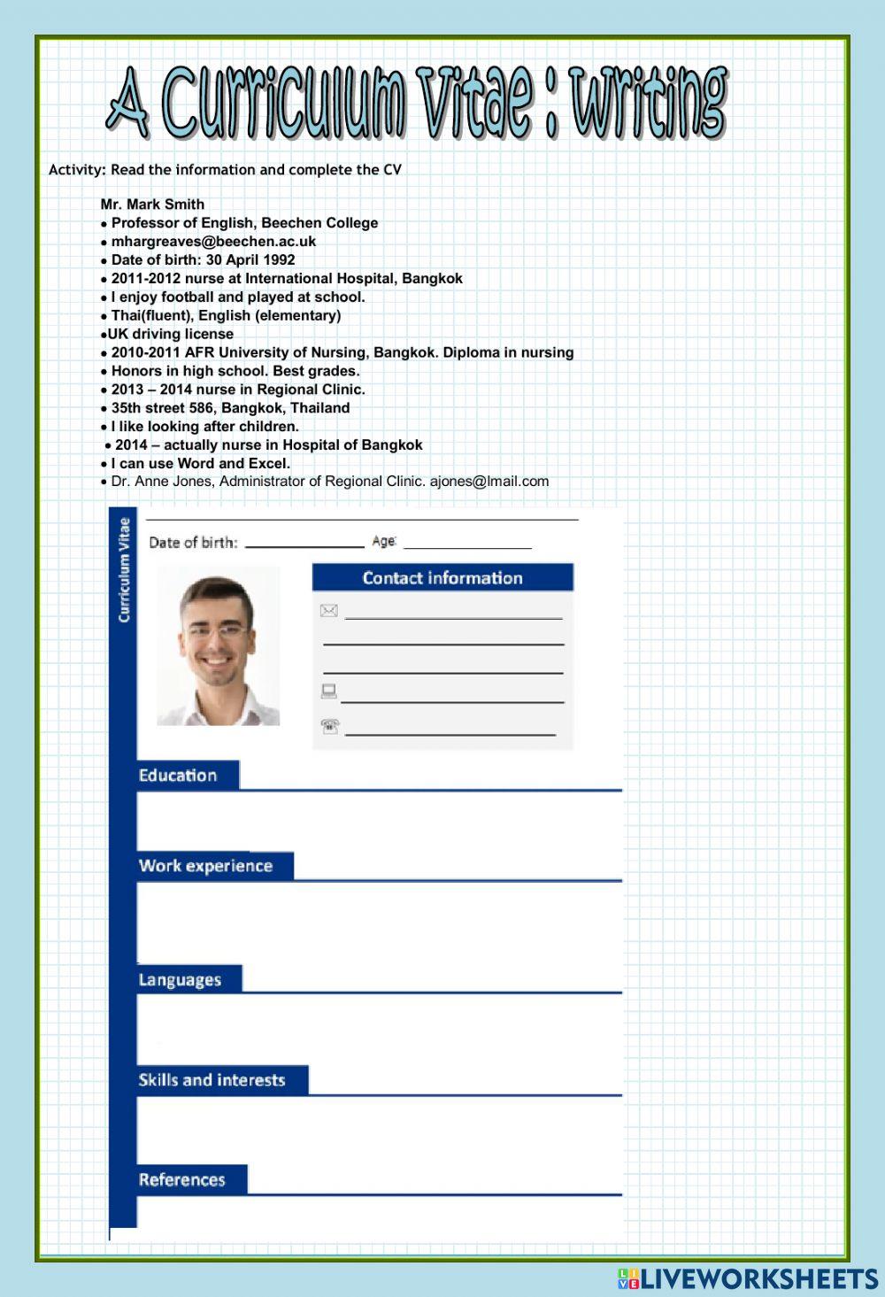 Cv Worksheet Writing Online Exercise For Live Worksheets Cv Worksheet Writing Online Exercise For Live Worksheets
