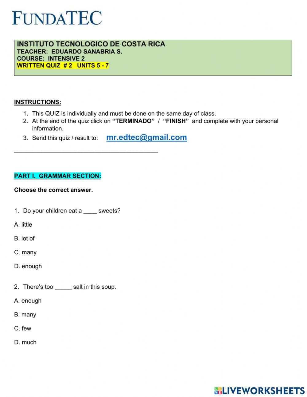 Written quiz 2  - intensive 2 - FUNDATEC