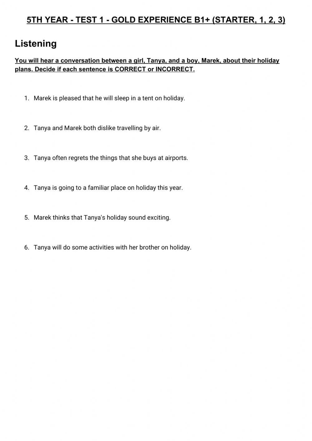 5TH YEAR - TEST 1 - GOLD EXPERIENCE B1+ (STARTER, 1, 2, 3)