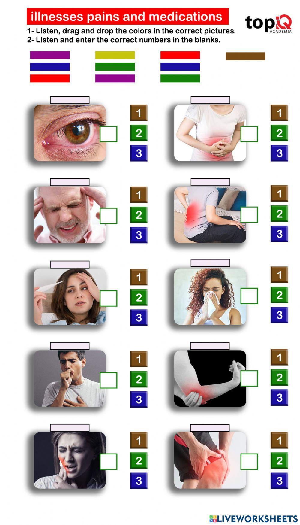 Illnesses, pains and medications