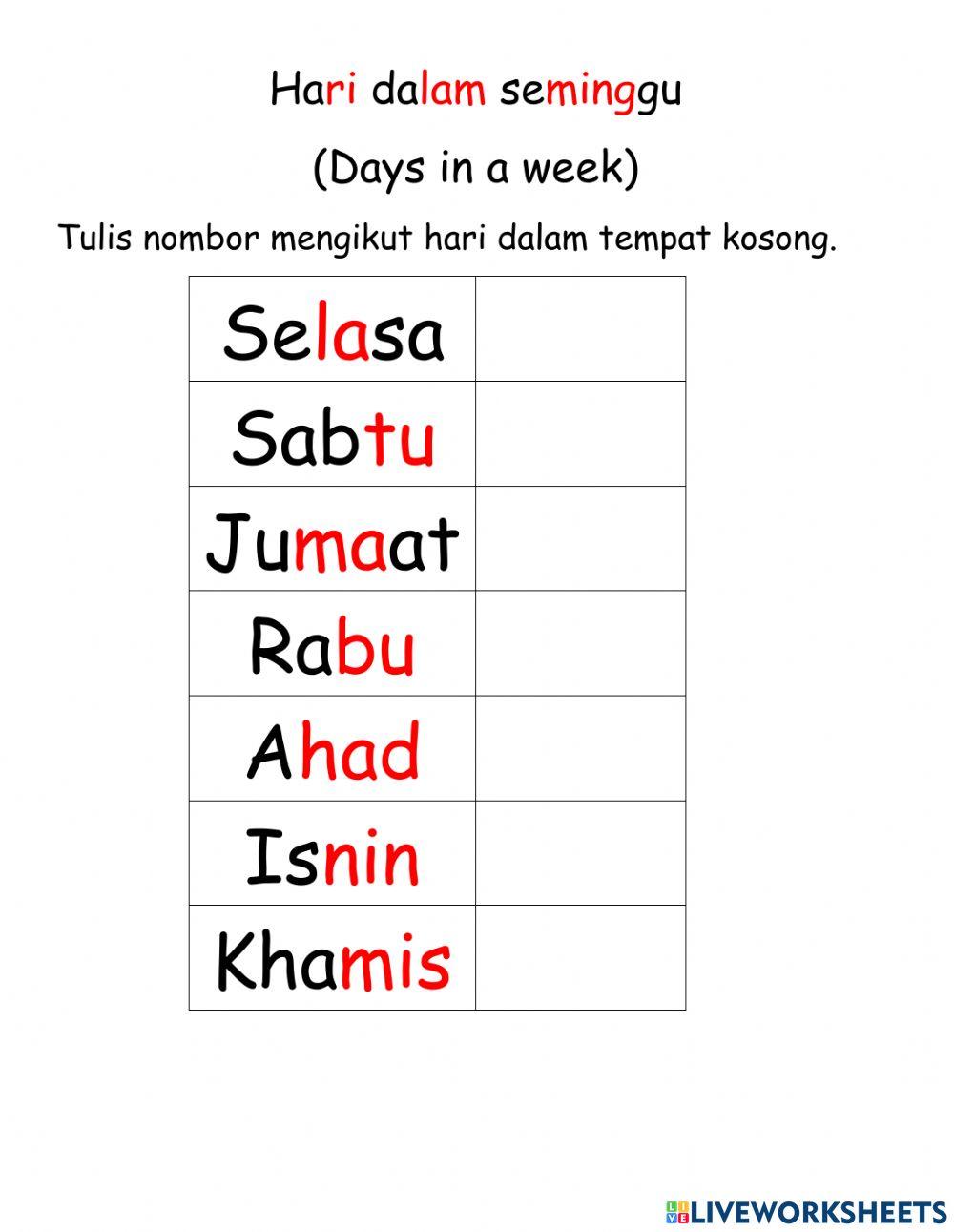 Hari dalam seminggu dan -esok- dan -semalam-