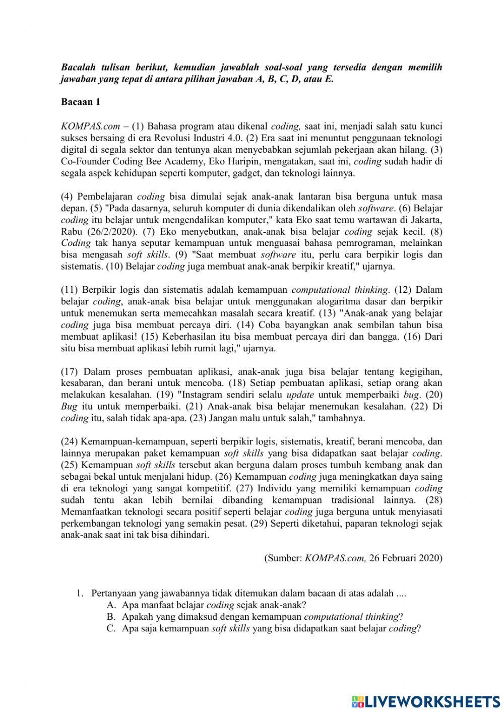 Soal Pemahaman Bacaan dan Menulis 7