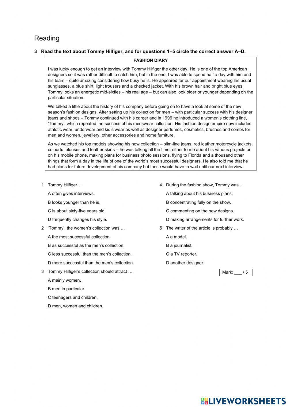 Unit 5 Work .Listening.Reading.