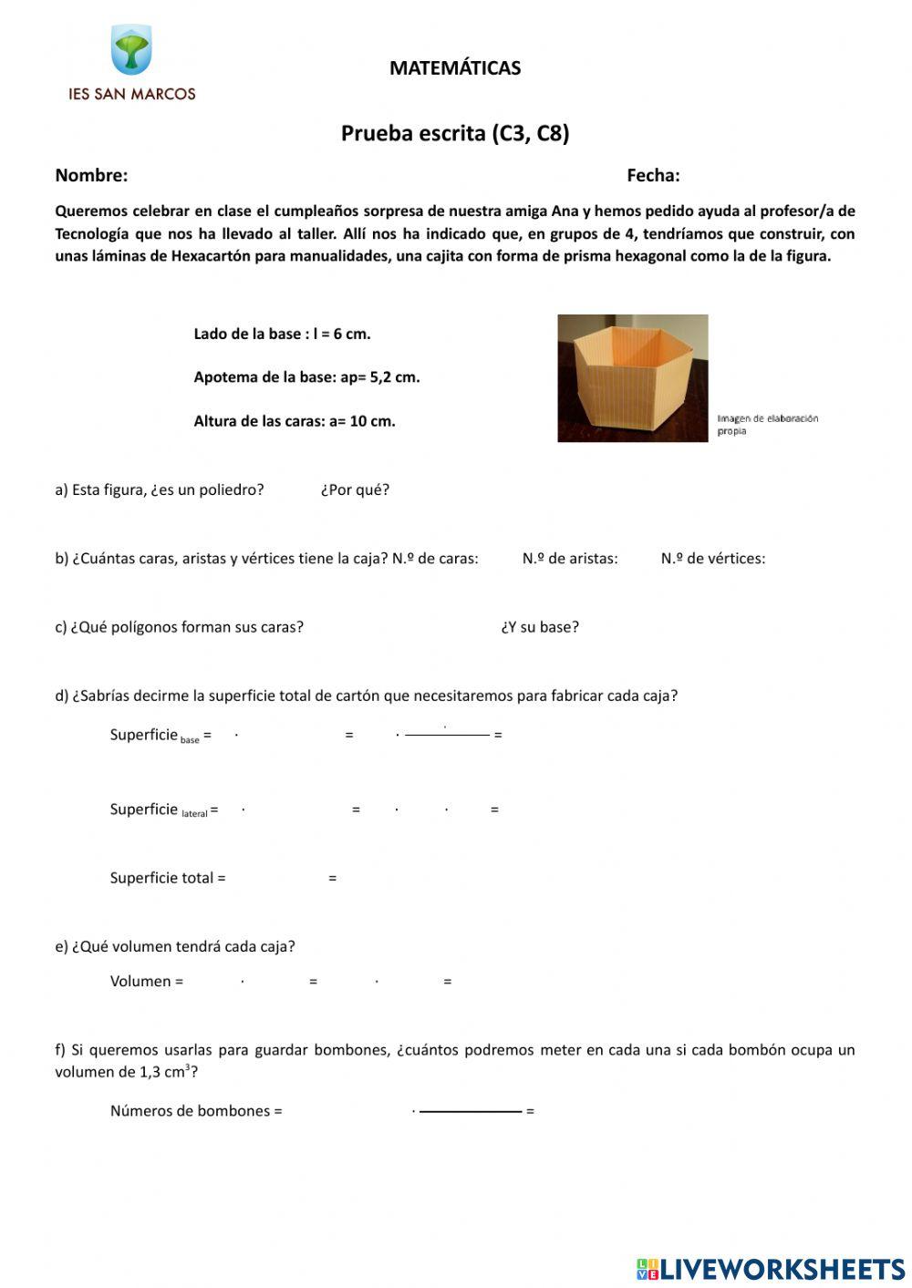 Prueba escrita cuerpos geométricos