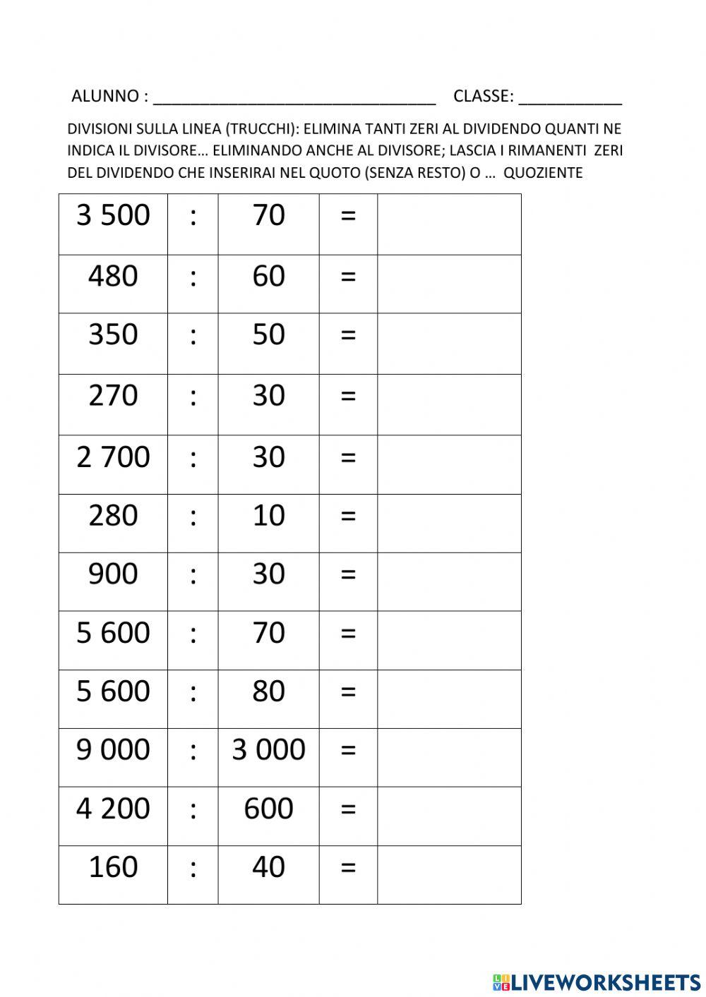 Divisioni sulla linea:es.sviluppato dal testo Super Prezioso 3