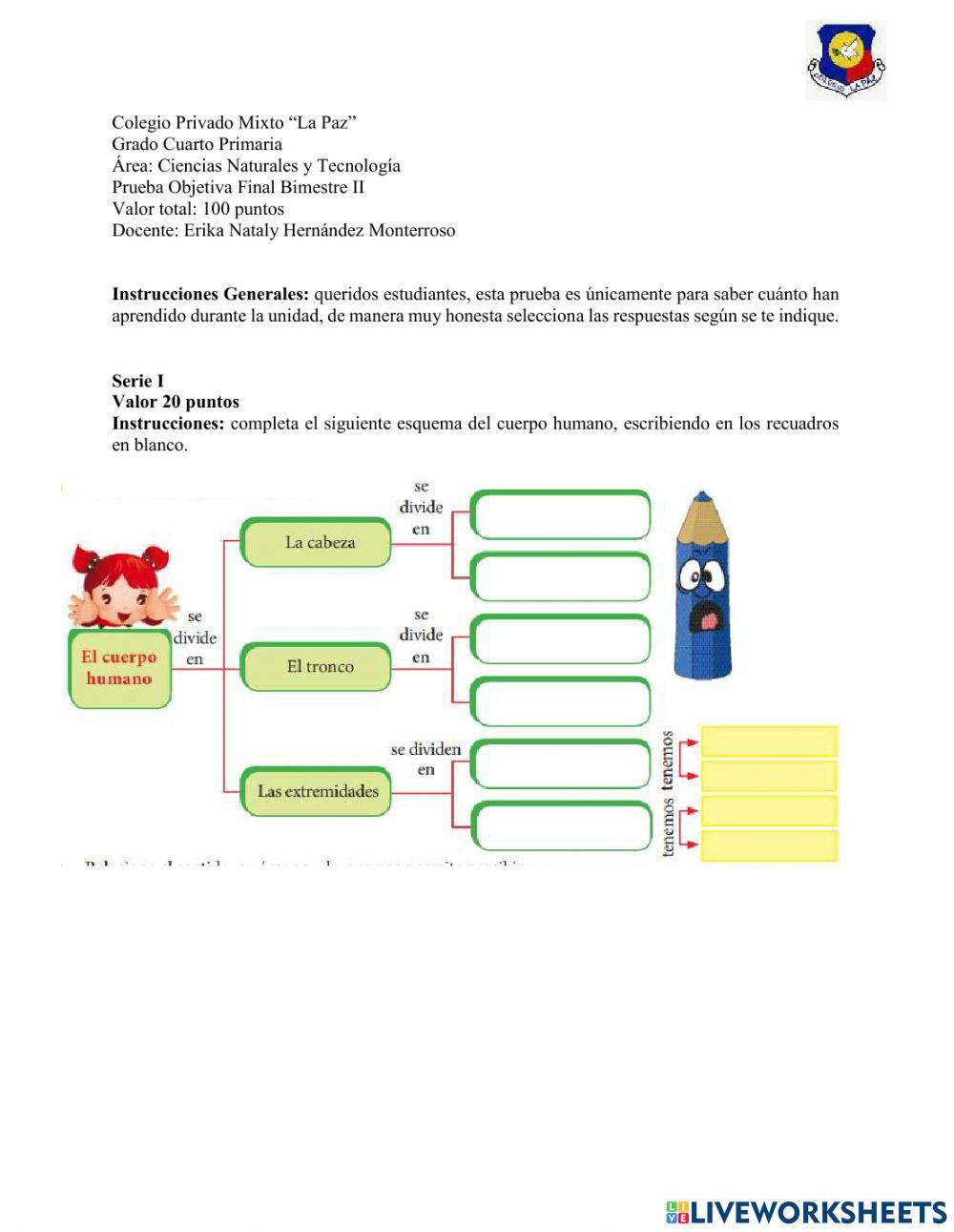 Examen Final Bimestre II Cuarto Ciencias Naturales