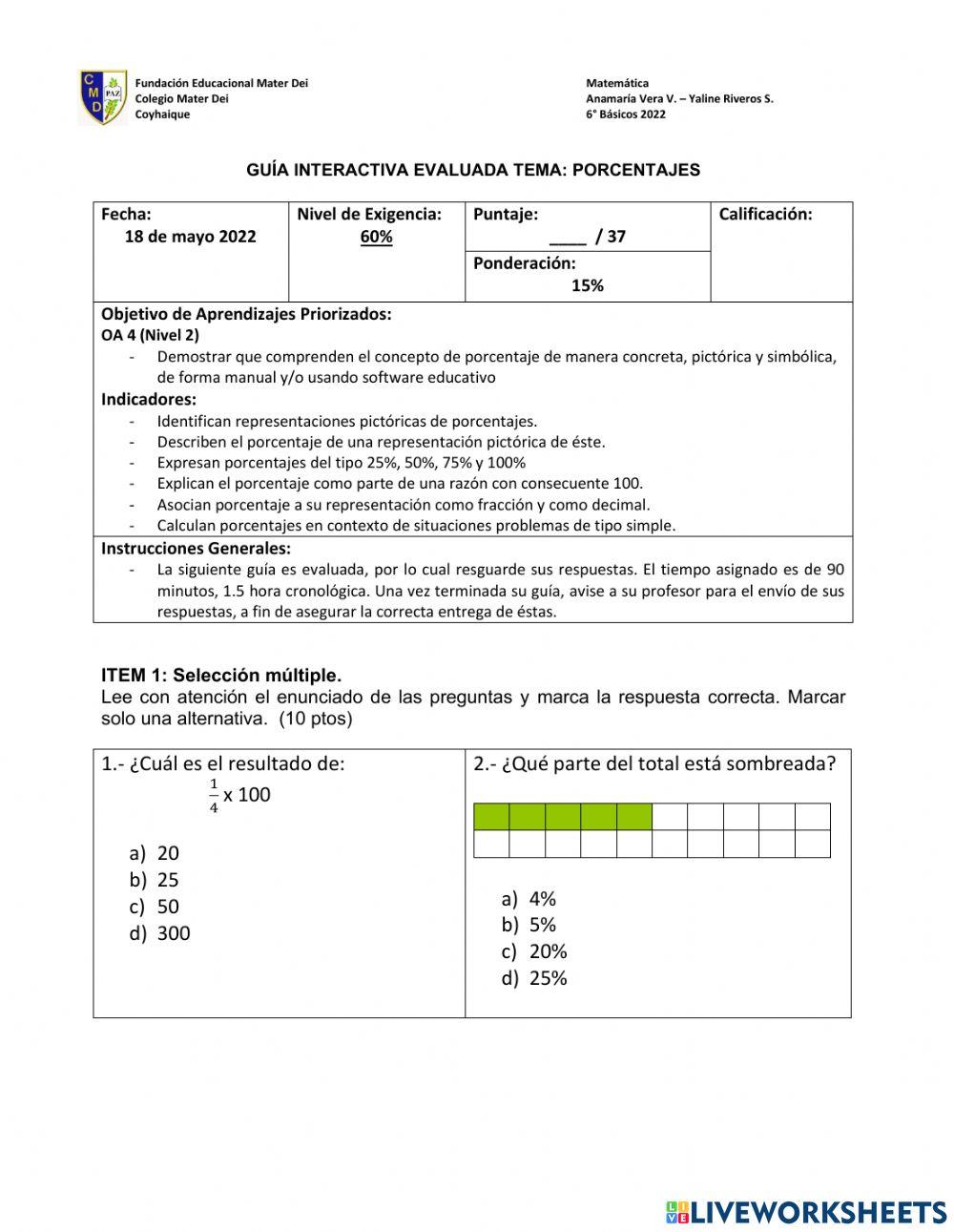 Evaluación de porcentajes