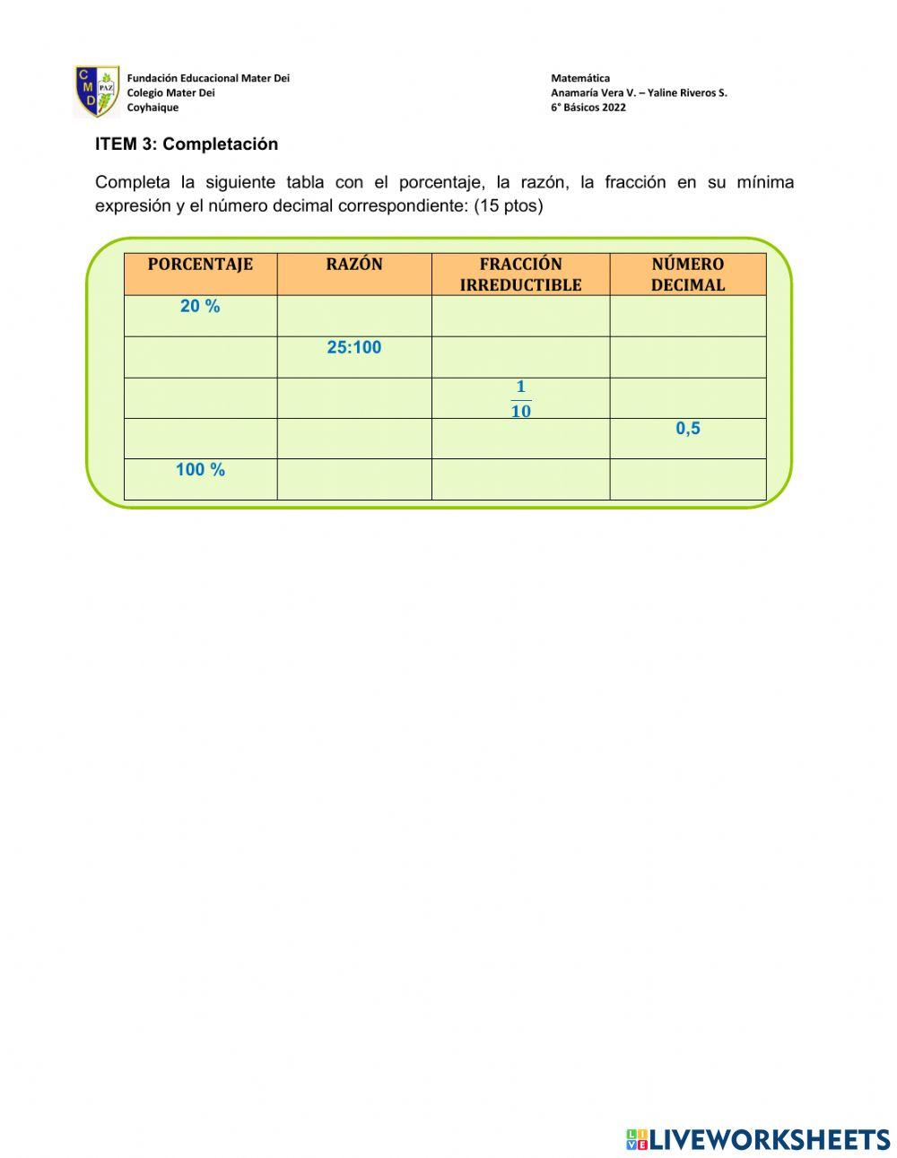 Evaluación de porcentajes