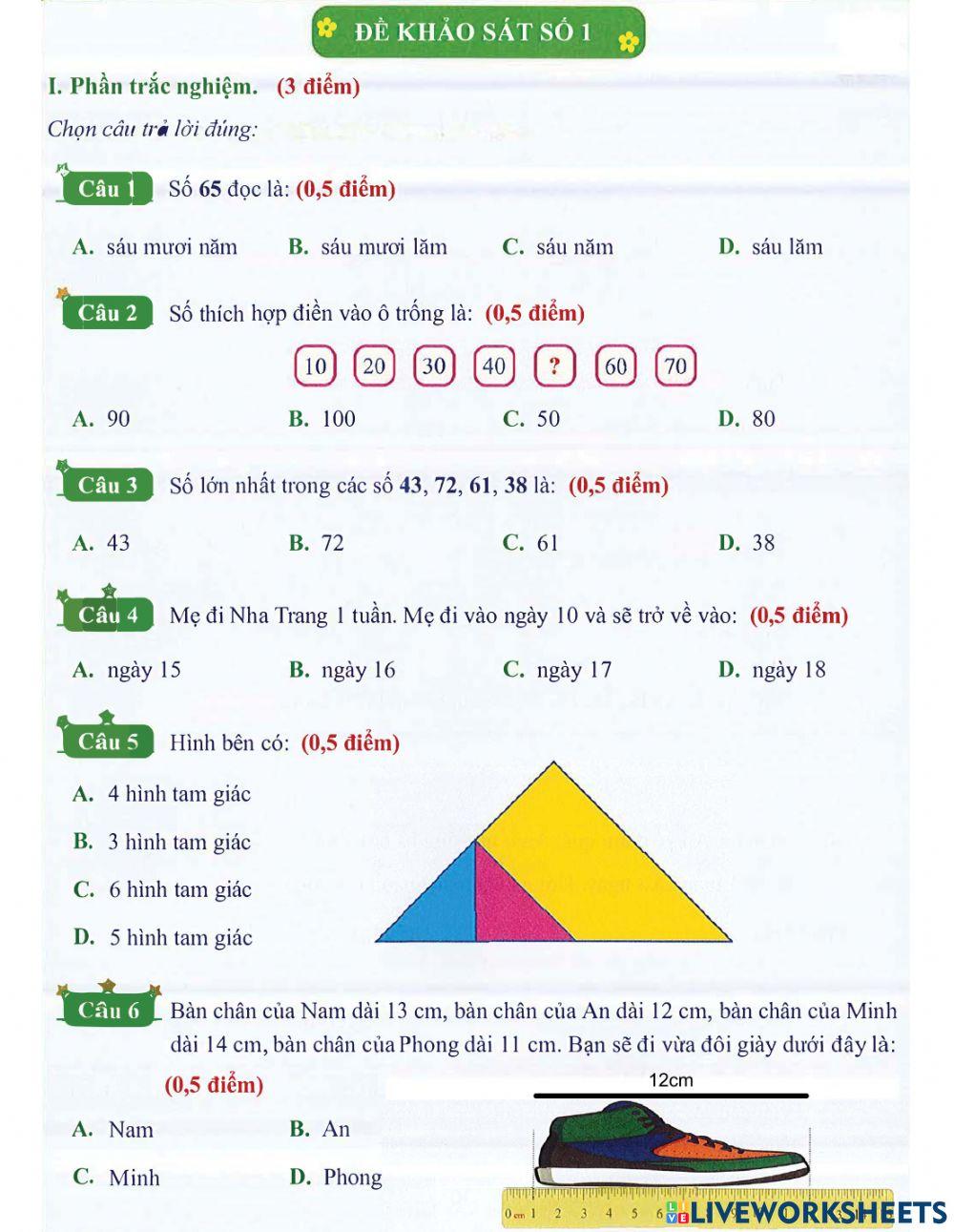 Toán 1 lên 2: Đề khảo sát số 1