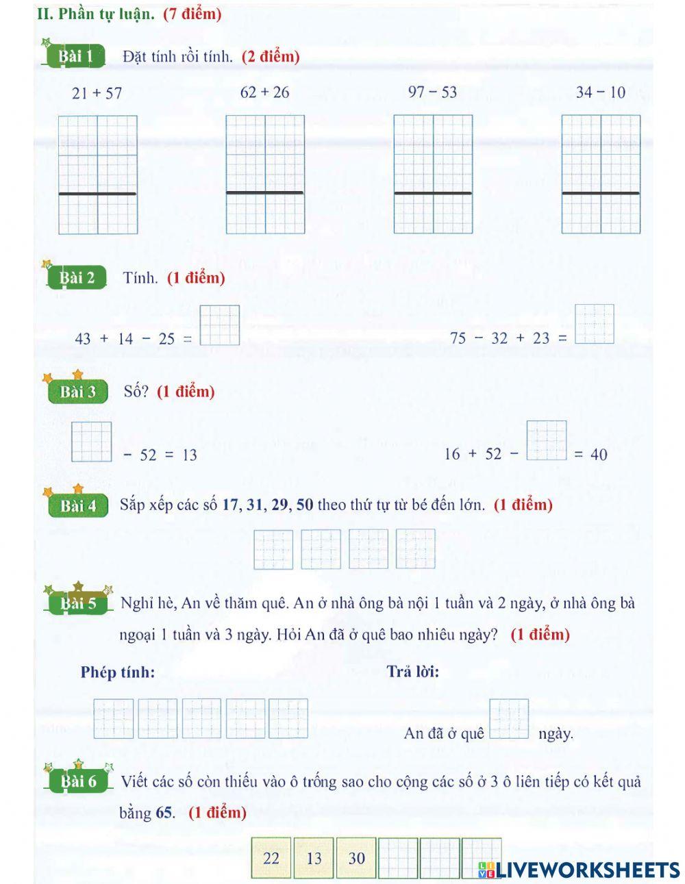 Toán 1 lên 2: Đề khảo sát số 1