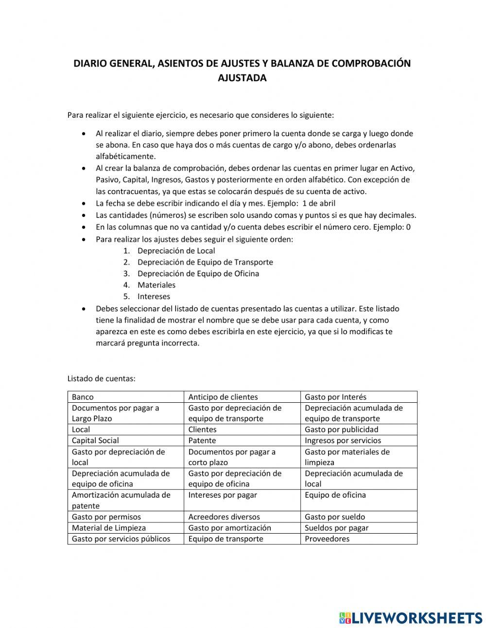 Diario General, Asientos de Ajuste y Balanza de Comprobación worksheet ...