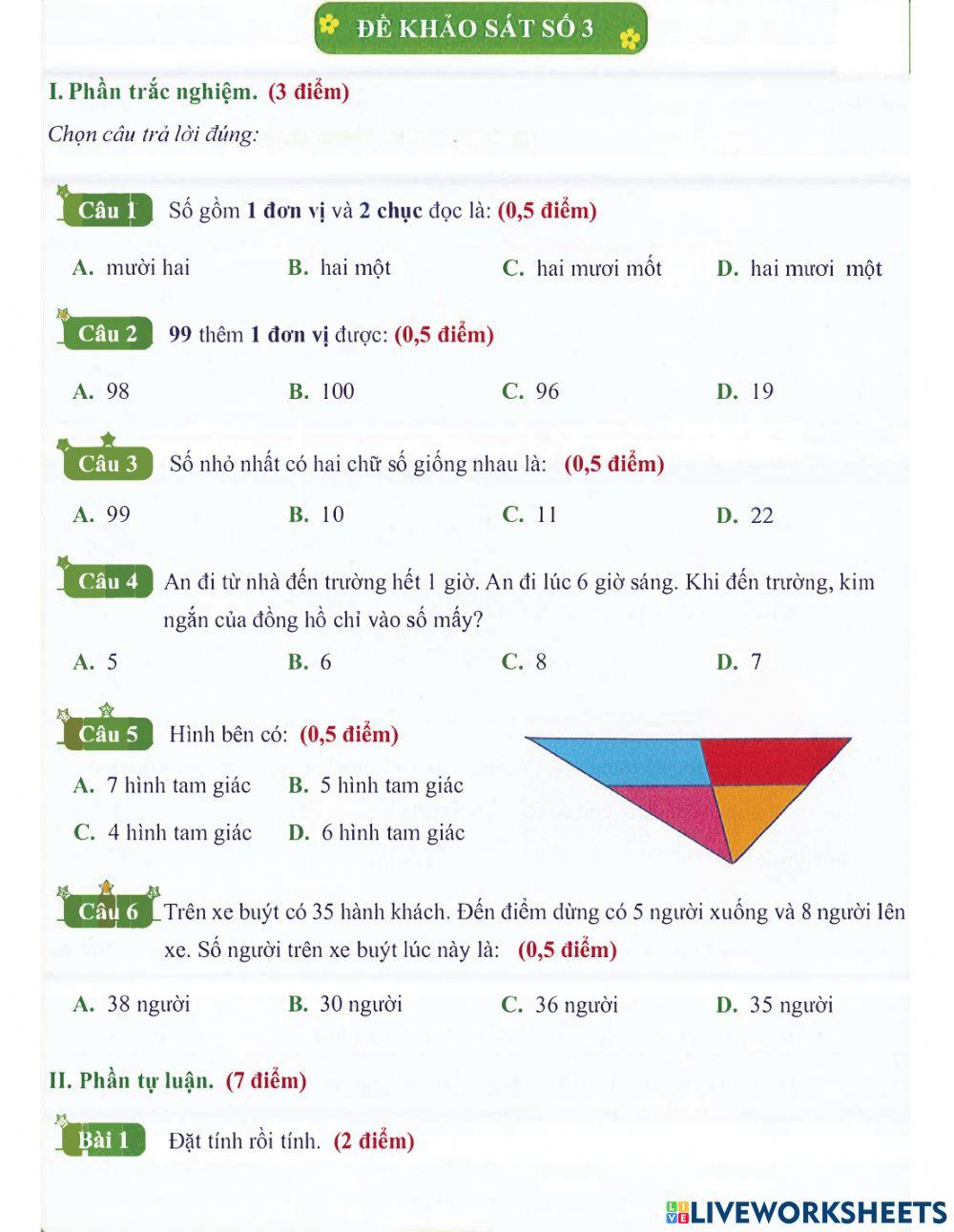 Toán 1 lên 2: Đề khảo sát số 3