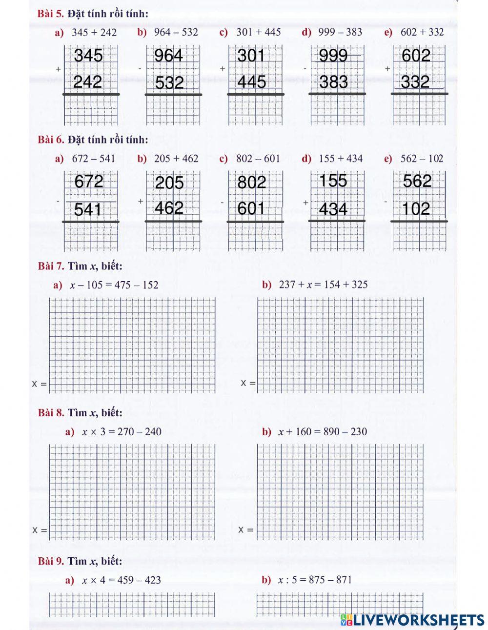 Toán 2 lên 3 - Dạng 2: Cộng, trừ không nhớ trong phạm vi 1000