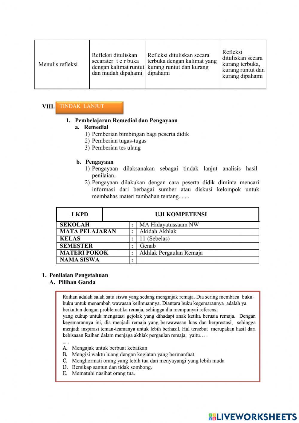 Lembar kerja peserta didik mapel akidah kelas xi