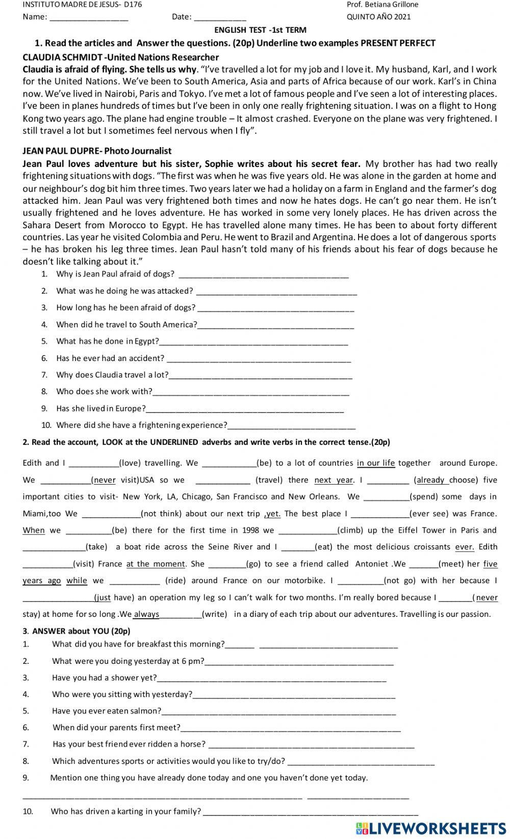 QUINTO AÑO TEST 1st TERM