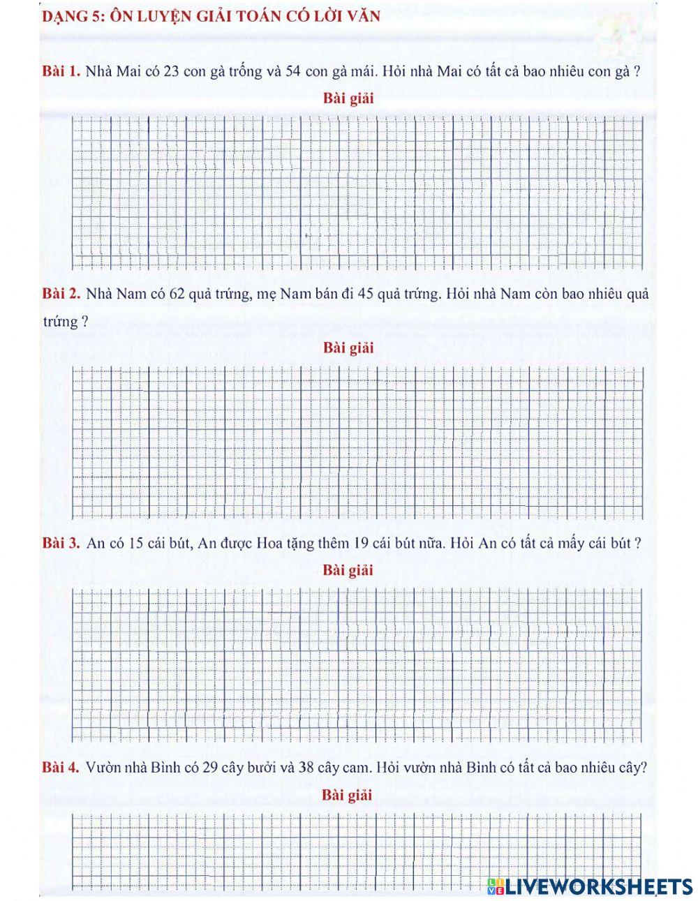 Toán 2 lên 3 - Dạng 5: Toán có lời văn (bài 1 đến bài 28)
