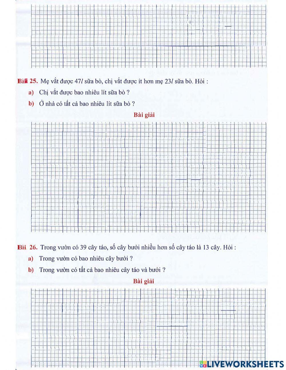 Toán 2 lên 3 - Dạng 5: Toán có lời văn (bài 1 đến bài 28)