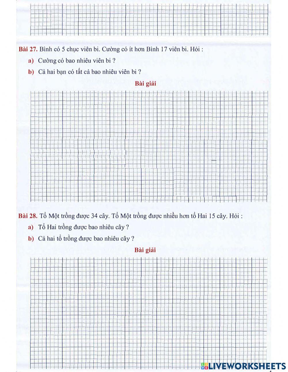 Toán 2 lên 3 - Dạng 5: Toán có lời văn (bài 1 đến bài 28)