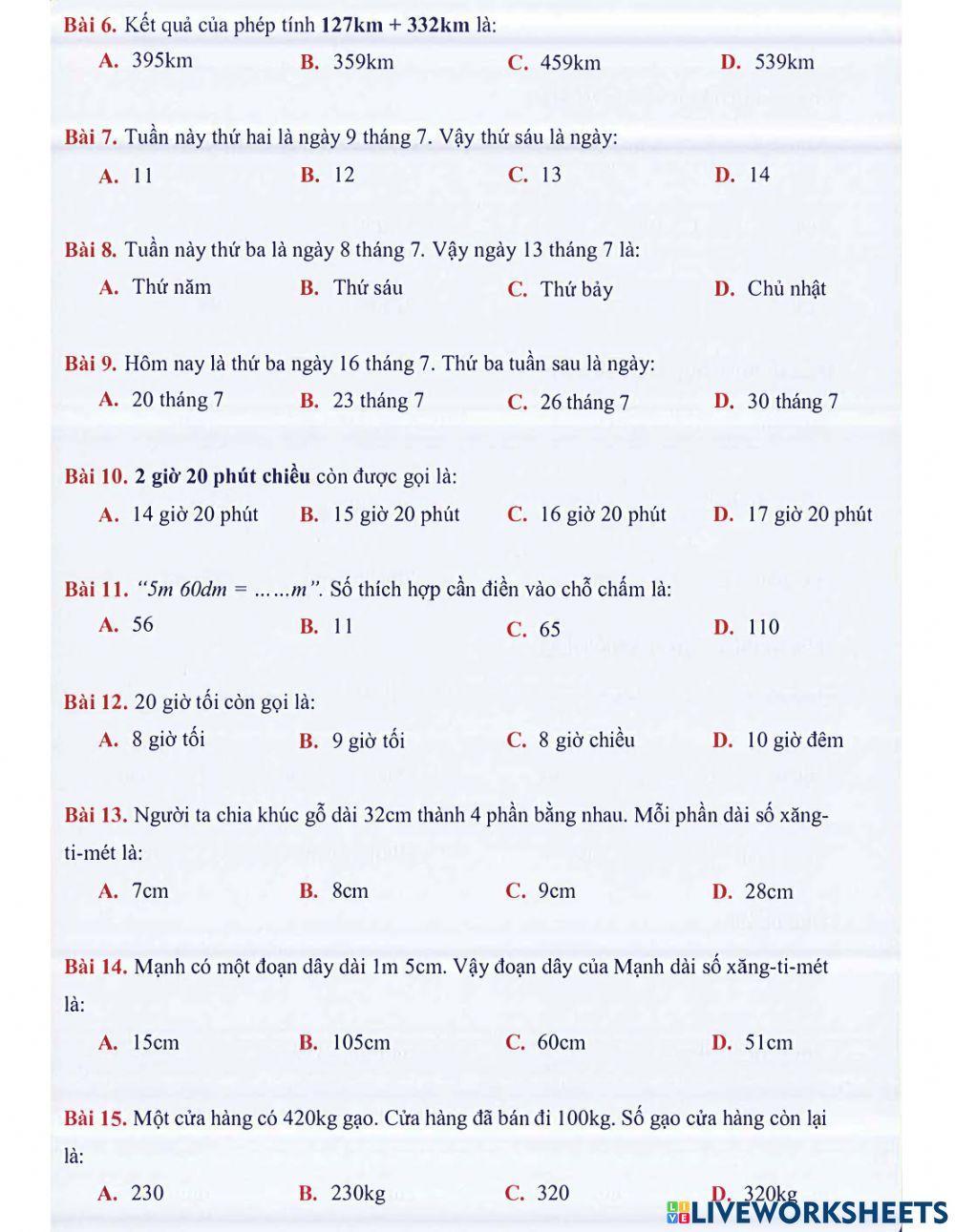 Toán 2 lên 3 - Dạng 6: Ôn tập về đại lượng