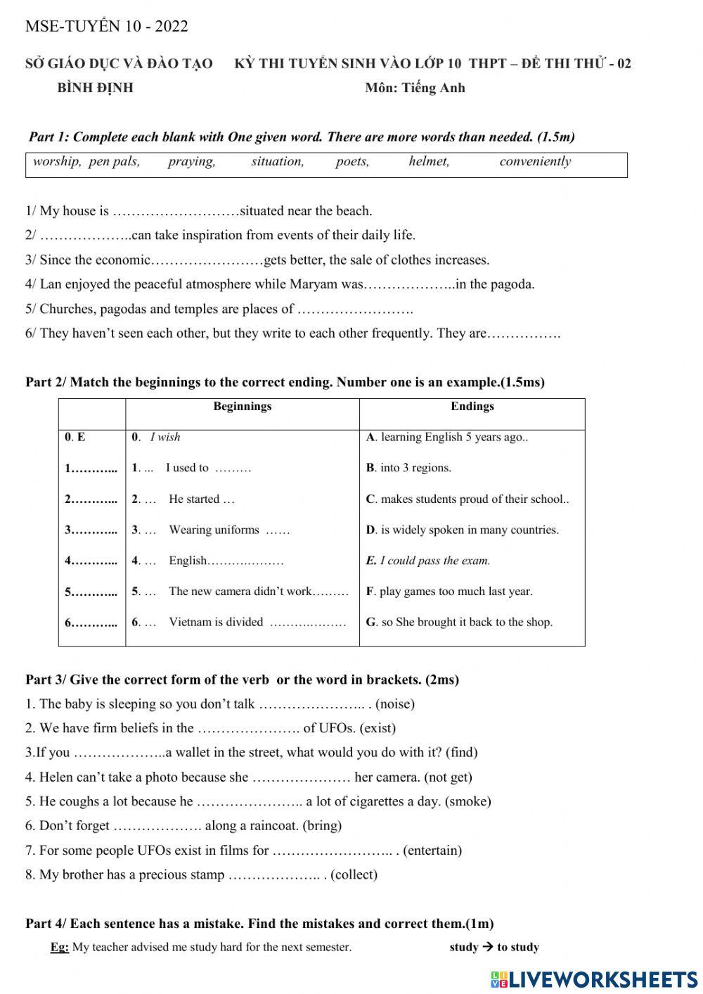 Tuyển sinh vào lớp 10  thpt – đề thi thử - 02