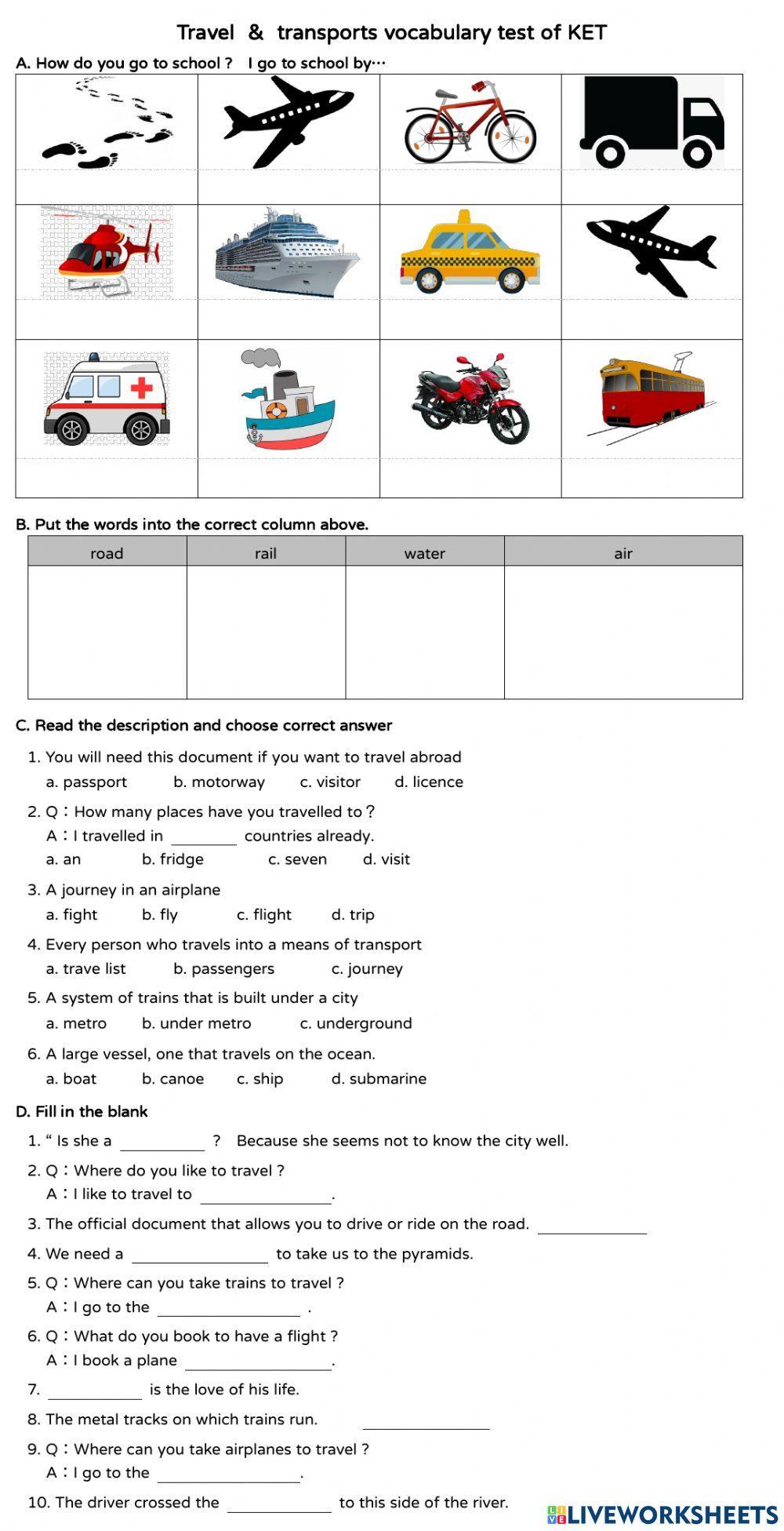 Trave & transports vocabulary test of KET