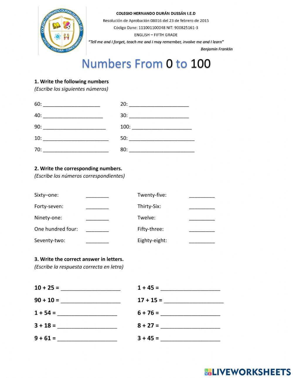 Numbers 0 - 100 online exercise for | Live Worksheets