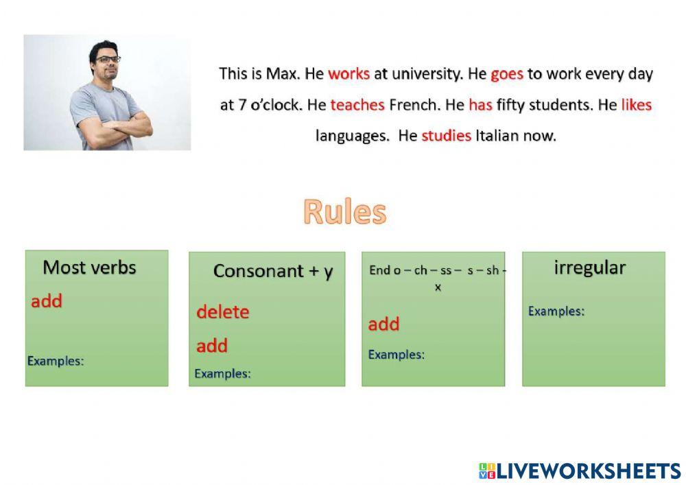 Present simple he she it rules worksheet | Live Worksheets