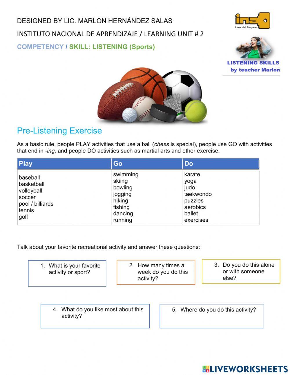 Learning Unit 2 Sports listening exercises online exercise for | Live ...
