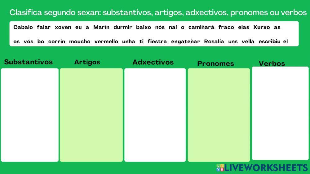 Substantivos, artigos, adxectivos, pronomes e verbos