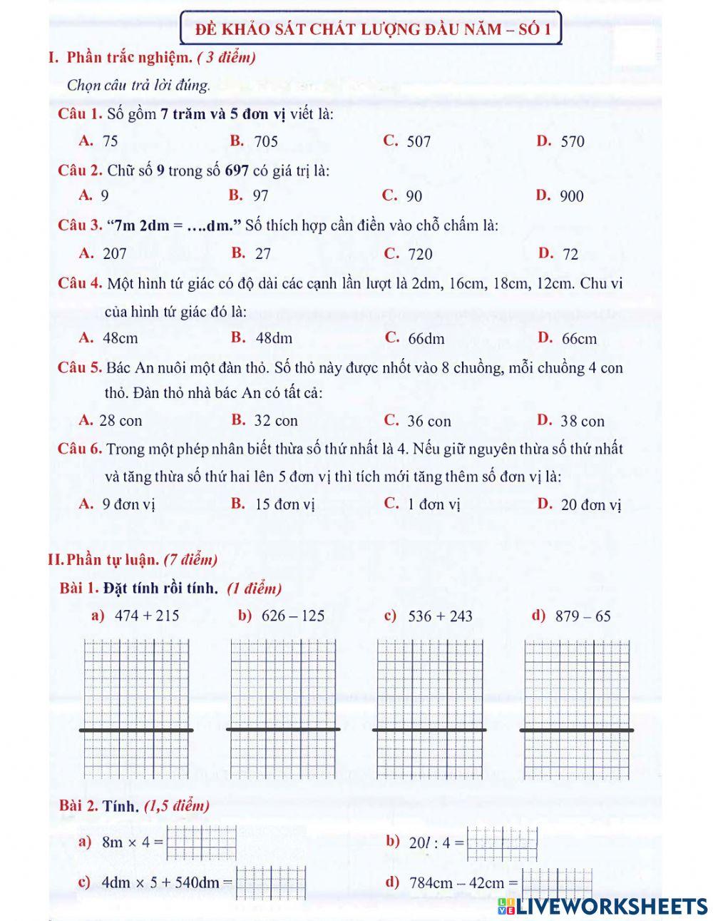 Toán 2 lên 3: Đề khảo sát đầu năm số 1