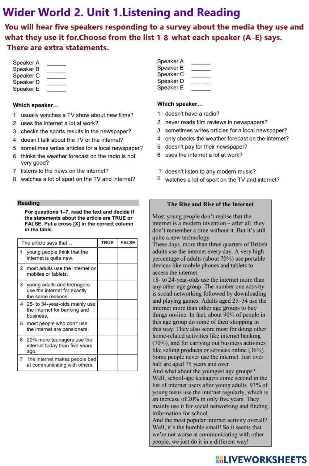 Wider World 2. Unit 1. Listening and Reading