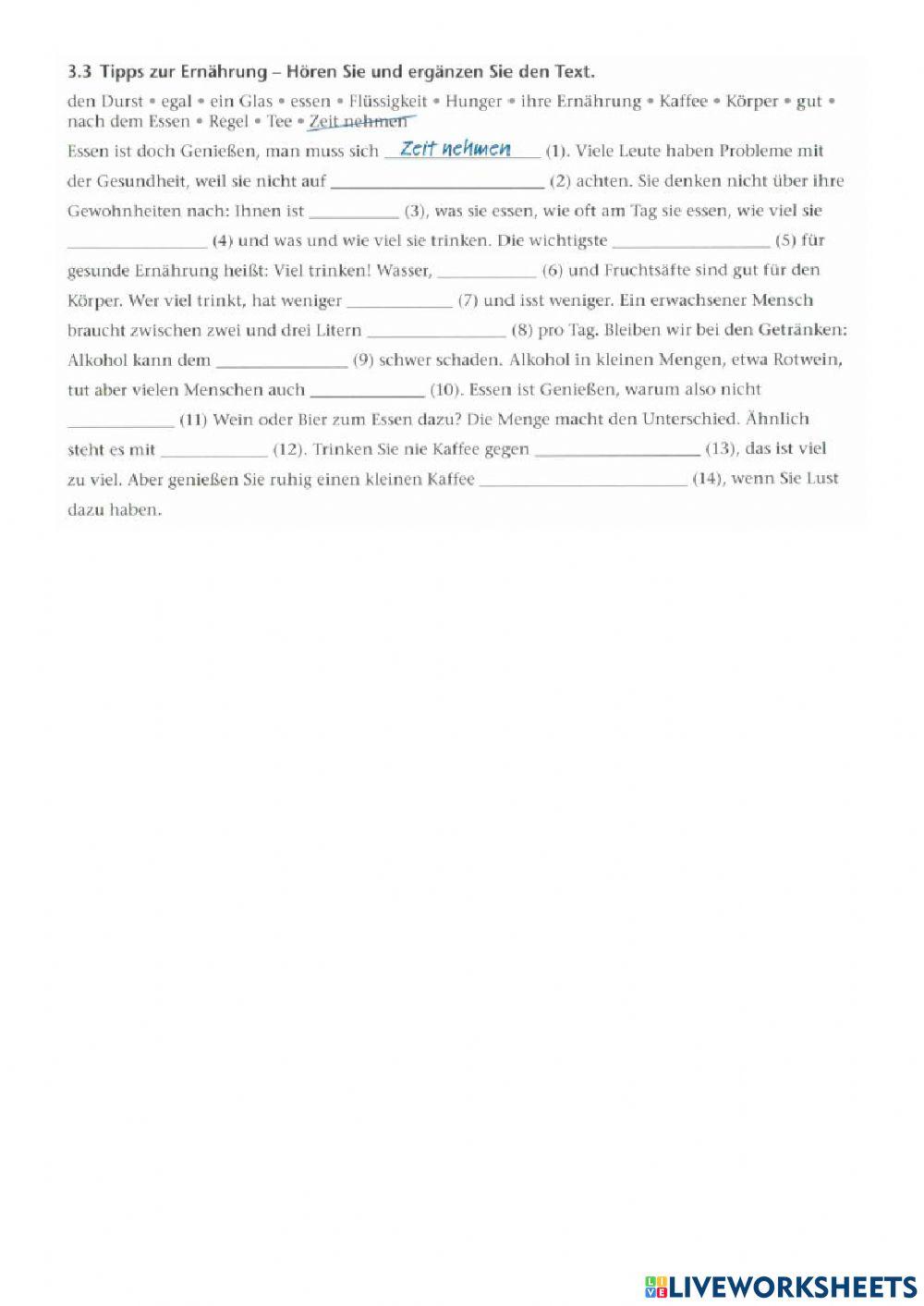 Ernährung: Textergänzung (aus Berliner Platz neu 3