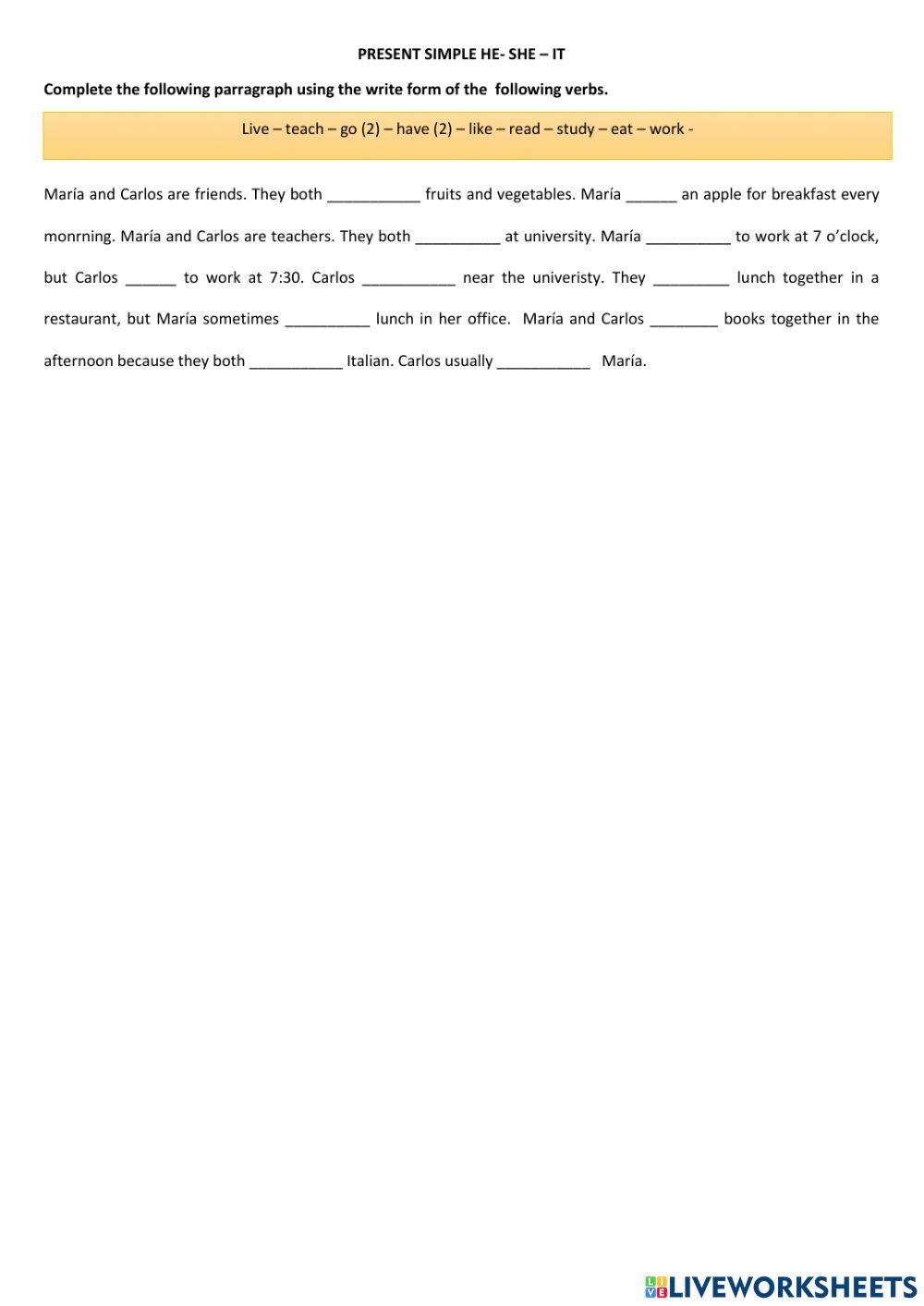 Present simple he she it exercise | Live Worksheets