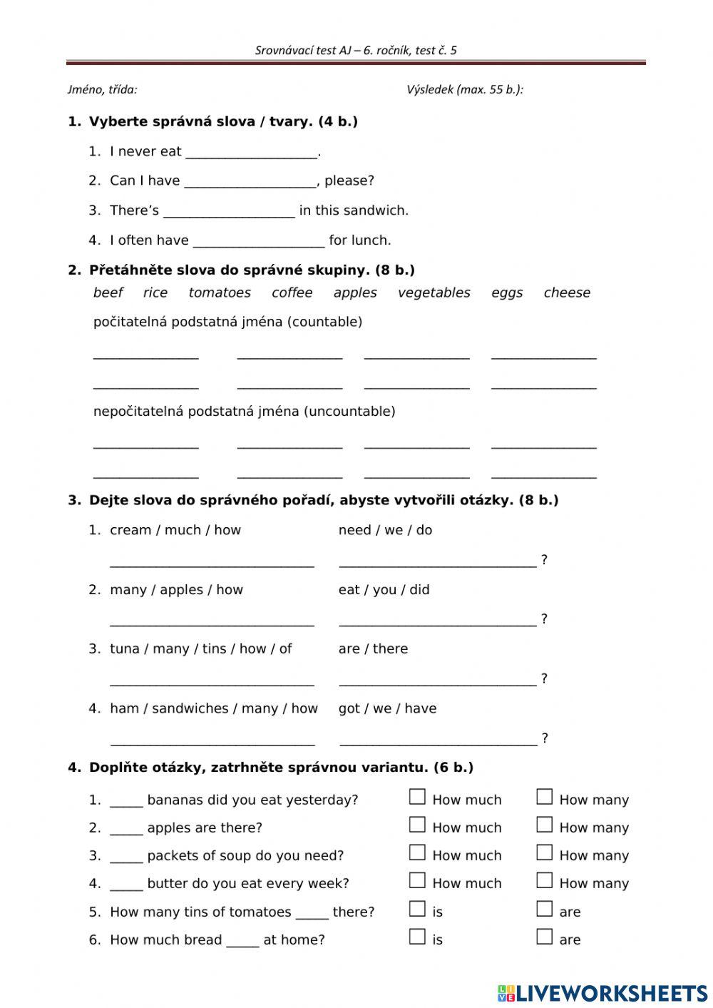 Srovnávací test č.5 - 6 ročník