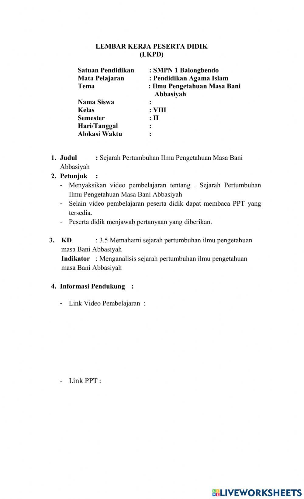 LKPD Perkembangan Ilmu Pengetahuan Masa Abbasiyah
