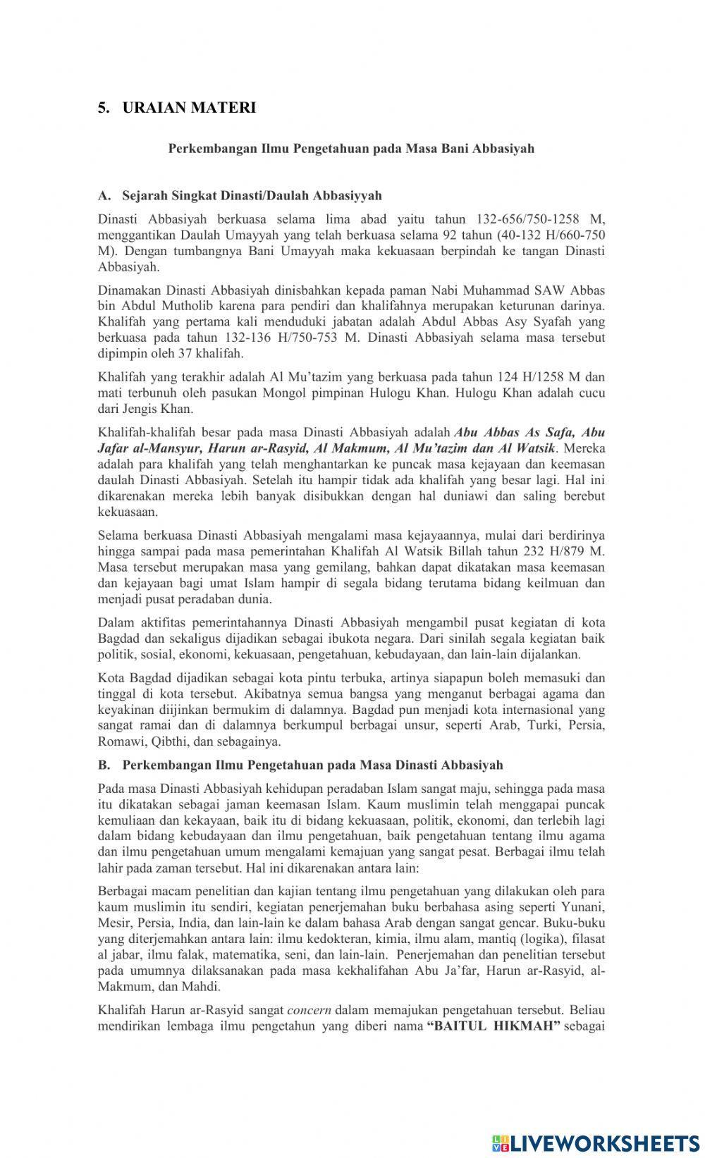 Perkembangan Ilmu Pengetahuan Masa Daulah Abbasiyah