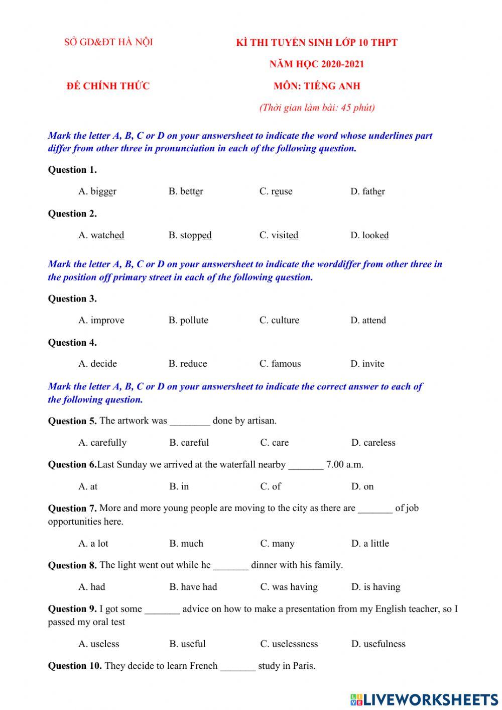 GRade 10 entrance exam
