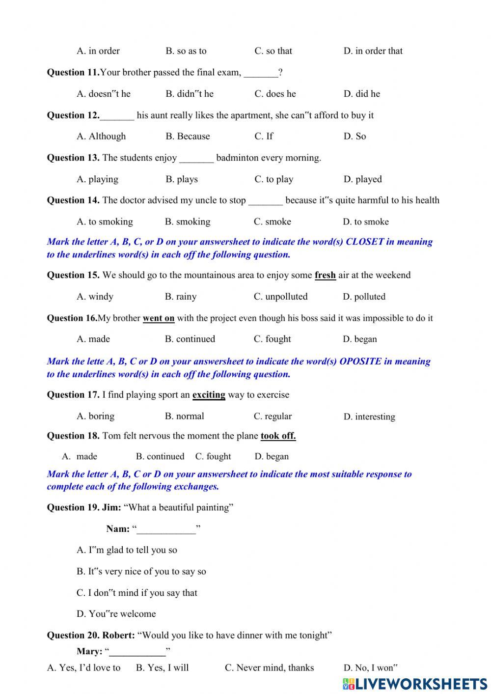 GRade 10 entrance exam