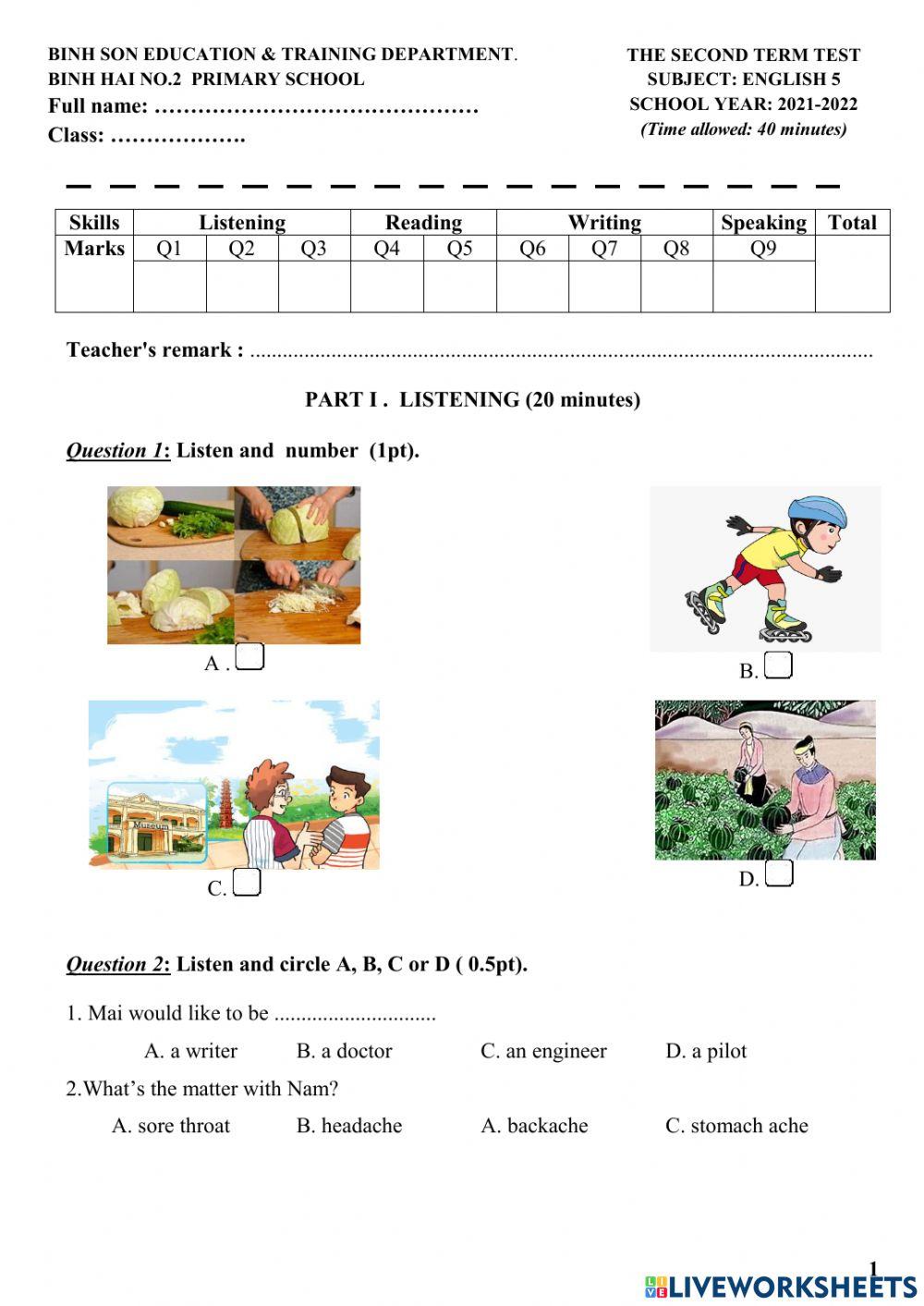 Đề thi thử tiếng anh lớp 5 học kỳ 2